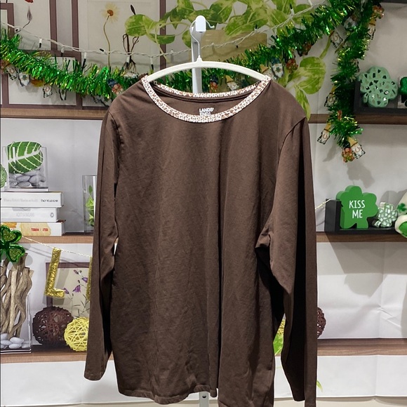 Lands' End Brown Leopard Trim Top - Picture 1 of 4